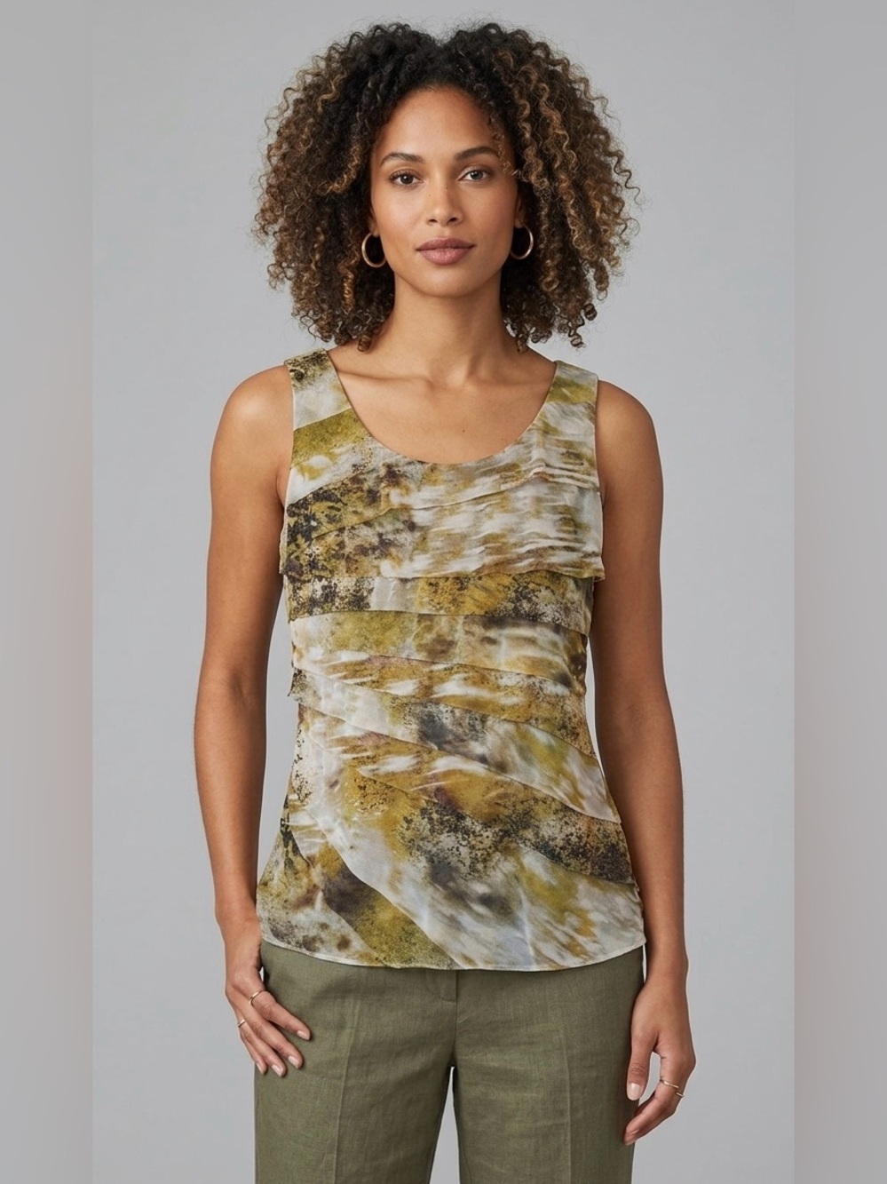 Coldwater Creek Blouse Green and Brown Abstract Tank Top Nylon Ruffle Detail